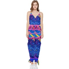 Psychedelic Colorful Lines Nature Mountain Trees Snowy Peak Moon Sun Rays Hill Road Artwork Stars Sleeveless Tie Ankle Chiffon Jumpsuit by pakminggu