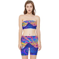 Psychedelic Colorful Lines Nature Mountain Trees Snowy Peak Moon Sun Rays Hill Road Artwork Stars Stretch Shorts And Tube Top Set by pakminggu