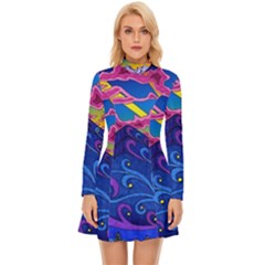 Psychedelic Colorful Lines Nature Mountain Trees Snowy Peak Moon Sun Rays Hill Road Artwork Stars Long Sleeve Velour Longline Dress by pakminggu