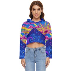 Psychedelic Colorful Lines Nature Mountain Trees Snowy Peak Moon Sun Rays Hill Road Artwork Stars Women s Lightweight Cropped Hoodie by pakminggu