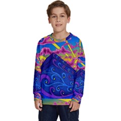 Psychedelic Colorful Lines Nature Mountain Trees Snowy Peak Moon Sun Rays Hill Road Artwork Stars Kids  Long Sleeve Jersey by pakminggu