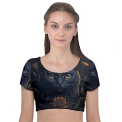 Art Cat Drawing Mammal Animal Feline Velvet Short Sleeve Crop Top  by pakminggu