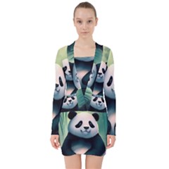 Animal Panda Forest Tree Natural V-neck Bodycon Long Sleeve Dress