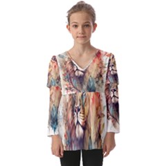 Lion Africa African Art Kids  V Neck Casual Top by pakminggu