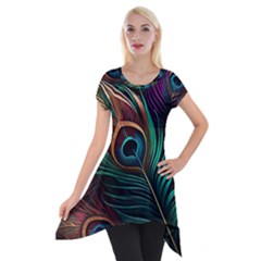 Peacock Feathers Nature Feather Pattern Short Sleeve Side Drop Tunic by pakminggu