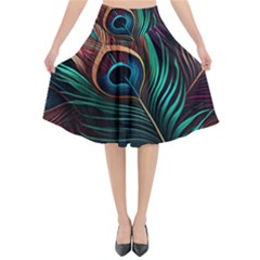 Peacock Feathers Nature Feather Pattern Flared Midi Skirt