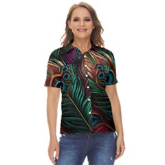 Peacock Feathers Nature Feather Pattern Women s Short Sleeve Double Pocket Shirt