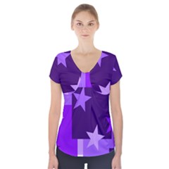 Purple Stars Pattern Shape Short Sleeve Front Detail Top by danenraven