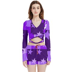 Purple Stars Pattern Shape Velvet Wrap Crop Top And Shorts Set by danenraven