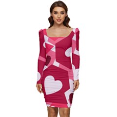 Pink Hearts Pattern Love Shape Women Long Sleeve Ruched Stretch Jersey Dress by danenraven