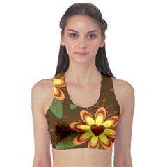 Floral Hearts Brown Green Retro Sports Bra by danenraven