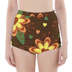 Floral Hearts Brown Green Retro High-waisted Bikini Bottoms by danenraven