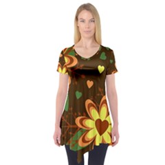Floral Hearts Brown Green Retro Short Sleeve Tunic  by danenraven