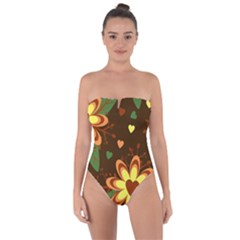 Floral Hearts Brown Green Retro Tie Back One Piece Swimsuit by danenraven