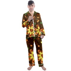 Floral Hearts Brown Green Retro Men s Long Sleeve Satin Pajamas Set by danenraven