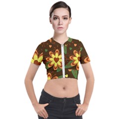 Floral Hearts Brown Green Retro Short Sleeve Cropped Jacket by danenraven