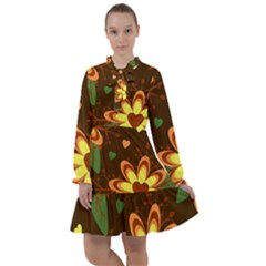 Floral Hearts Brown Green Retro All Frills Chiffon Dress by danenraven