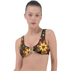 Floral Hearts Brown Green Retro Ring Detail Bikini Top by danenraven