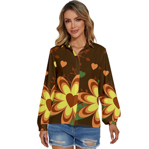 Floral Hearts Brown Green Retro Women s Long Sleeve Button Up Shirt by danenraven