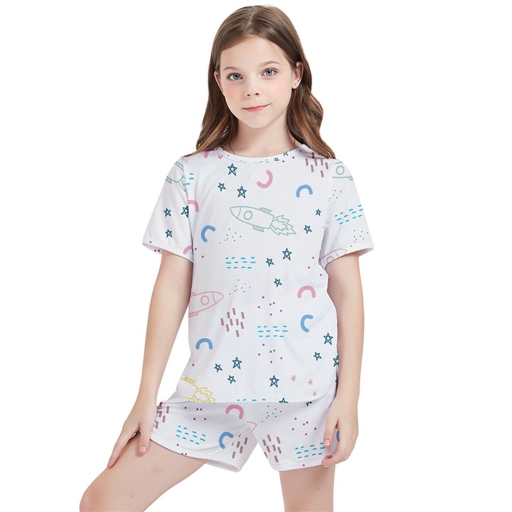 Spaceship Pattern Star Kids  Tee And Sports Shorts Set