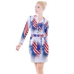 Statue Of Liberty And Usa Flag Art Button Long Sleeve Dress by danenraven