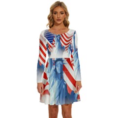 Statue Of Liberty And Usa Flag Art Long Sleeve Wide Neck Velvet Dress by danenraven