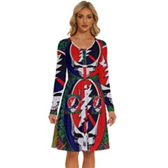 Grateful Dead Pattern Long Sleeve Dress With Pocket