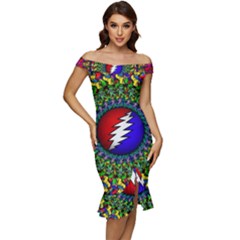 Grateful Dead Off Shoulder Ruffle Split Hem Bodycon Dress