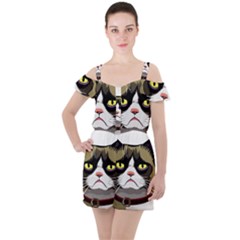 Grumpy Cat Ruffle Cut Out Chiffon Playsuit by Mog4mog4