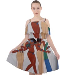 Egypt Fresco Mural Decoration Cut Out Shoulders Chiffon Dress