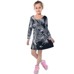 Roar Angry Male Lion Black Kids  Long Sleeve Velvet Dress by Mog4mog4