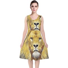 Lion Lioness Wildlife Hunter V-neck Midi Sleeveless Dress 