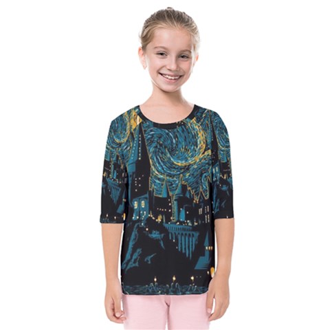 Hogwarts Castle Van Gogh Kids  Quarter Sleeve Raglan Tee by Mog4mog4