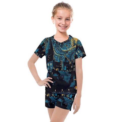 Hogwarts Castle Van Gogh Kids  Mesh Tee And Shorts Set by Mog4mog4