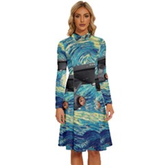 Star Starship The Starry Night Van Gogh Long Sleeve Shirt Collar A-line Dress by Mog4mog4