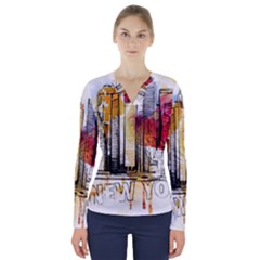 New York City Skyline Vector Illustration V-neck Long Sleeve Top by Mog4mog4