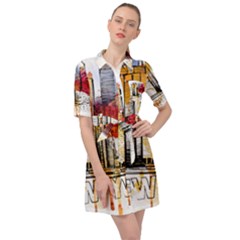 New York City Skyline Vector Illustration Belted Shirt Dress