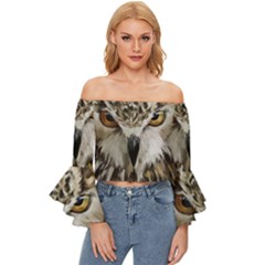 Vector Hand Painted Owl Off Shoulder Flutter Bell Sleeve Top by Mog4mog4