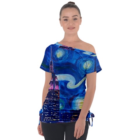 Starry Night In New York Van Gogh Manhattan Chrysler Building And Empire State Building Off Shoulder Tie-up Tee by Mog4mog4