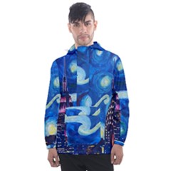 Starry Night In New York Van Gogh Manhattan Chrysler Building And Empire State Building Men s Front Pocket Pullover Windbreaker by Mog4mog4