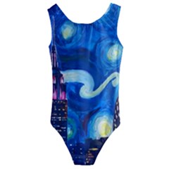 Starry Night In New York Van Gogh Manhattan Chrysler Building And Empire State Building Kids  Cut-out Back One Piece Swimsuit by Mog4mog4