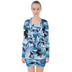 Orca Wave Water Underwater V-neck Bodycon Long Sleeve Dress by Mog4mog4