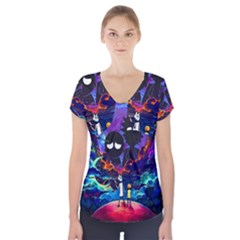 Cartoon Parody In Outer Space Short Sleeve Front Detail Top by Mog4mog4