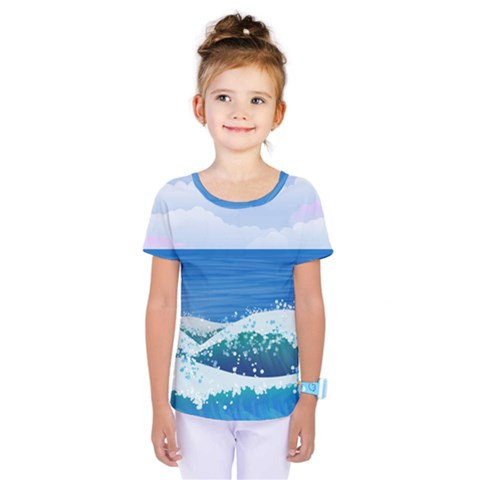 Illustration Landscape Sea Ocean Waves Beach Blue Kids  One Piece Tee by Mog4mog4