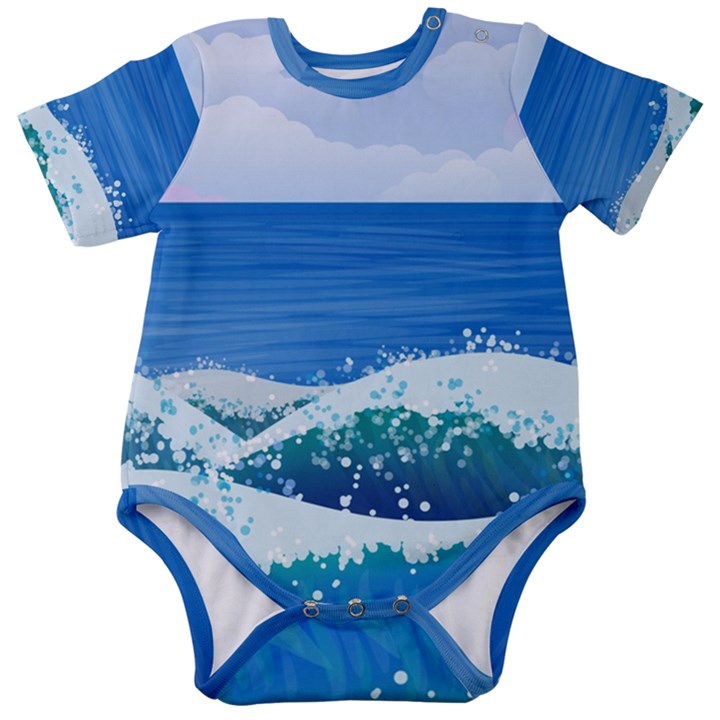 Illustration Landscape Sea Ocean Waves Beach Blue Baby Short Sleeve Bodysuit