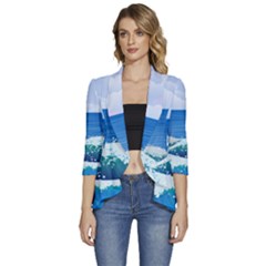 Illustration Landscape Sea Ocean Waves Beach Blue Women s 3/4 Sleeve Ruffle Edge Open Front Jacket by Mog4mog4