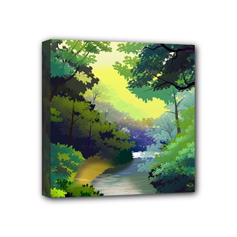 Landscape Illustration Nature Forest River Water Mini Canvas 4  X 4  (stretched)