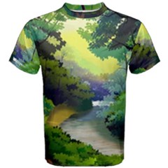 Landscape Illustration Nature Forest River Water Men s Cotton Tee