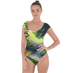 Landscape Illustration Nature Forest River Water Short Sleeve Leotard 