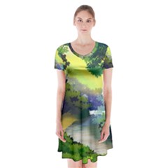 Landscape Illustration Nature Forest River Water Short Sleeve V-neck Flare Dress